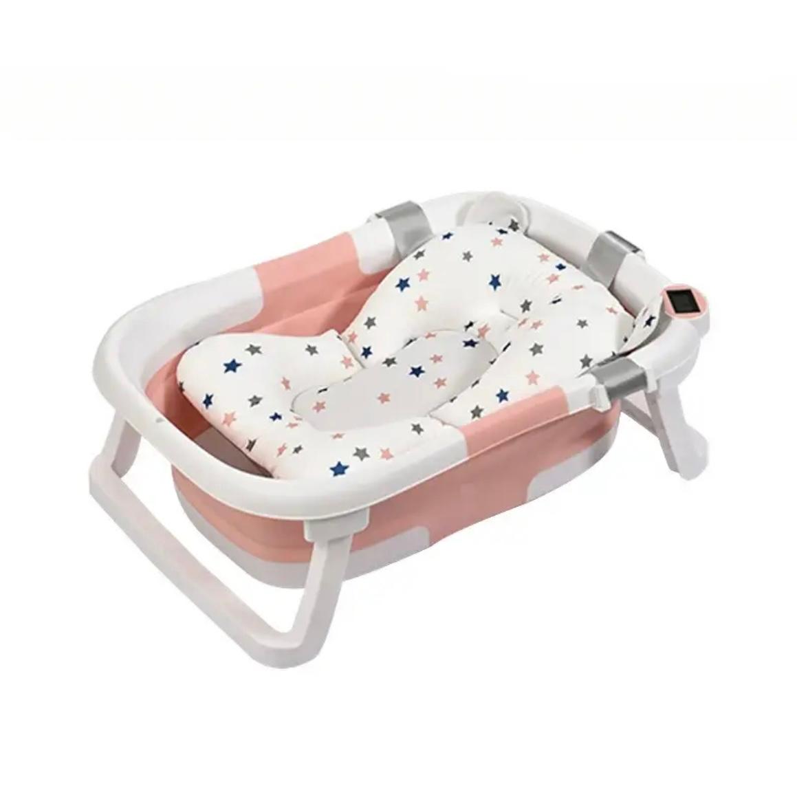 Baignoire pliable pour bébé avec coussin antidérapant et thermomètre intégré.