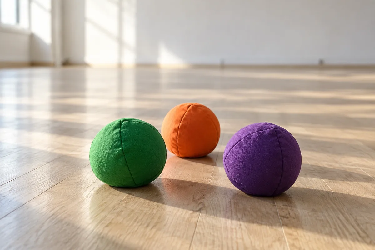 Trois balles de jonglage unies posées sur le parquet clair d&rsquo;une salle de répétition