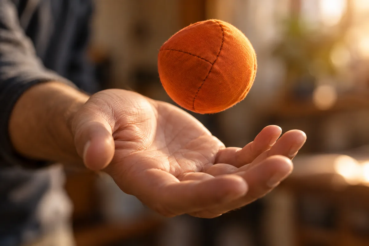 Main qui rattrape une balle de jonglage orange en gros plan sur un fond flou
