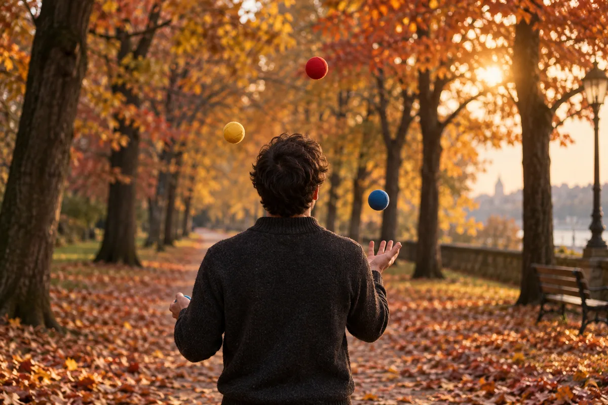 Silhouette vue de dos qui jongle avec trois balles dans une allée de parc en automne
