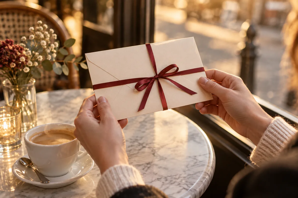 Mains qui tiennent une enveloppe crème nouée d’un ruban au-dessus d’une table de café
