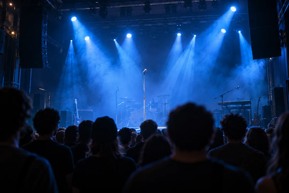 Petite salle de concert éclairée de faisceaux bleus, public debout de dos