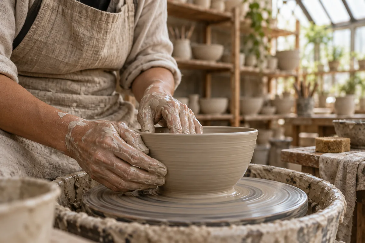 Mains qui façonnent un bol d’argile sur un tour de potier dans un atelier
