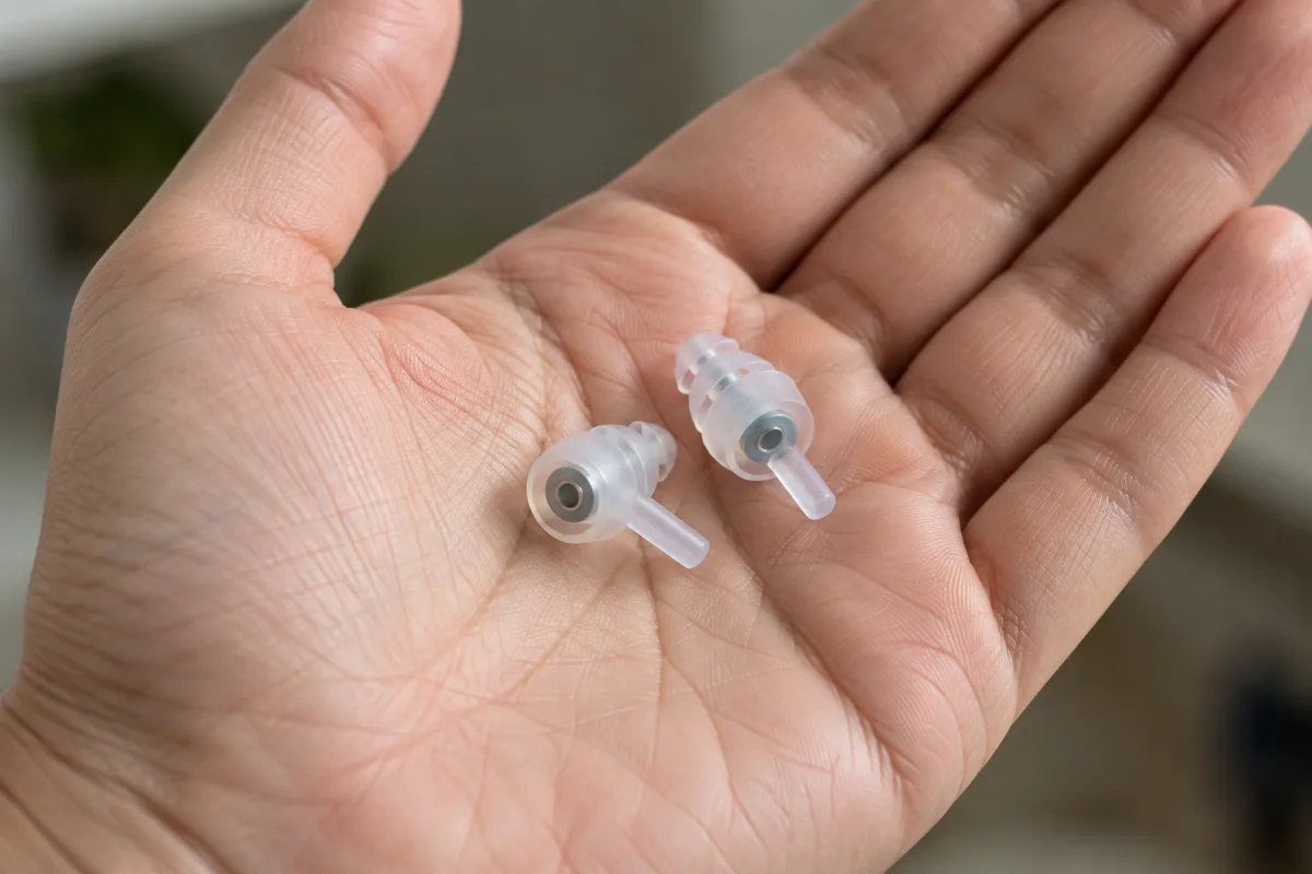 Paire de bouchons d’oreille à filtres translucides posée dans une paume ouverte