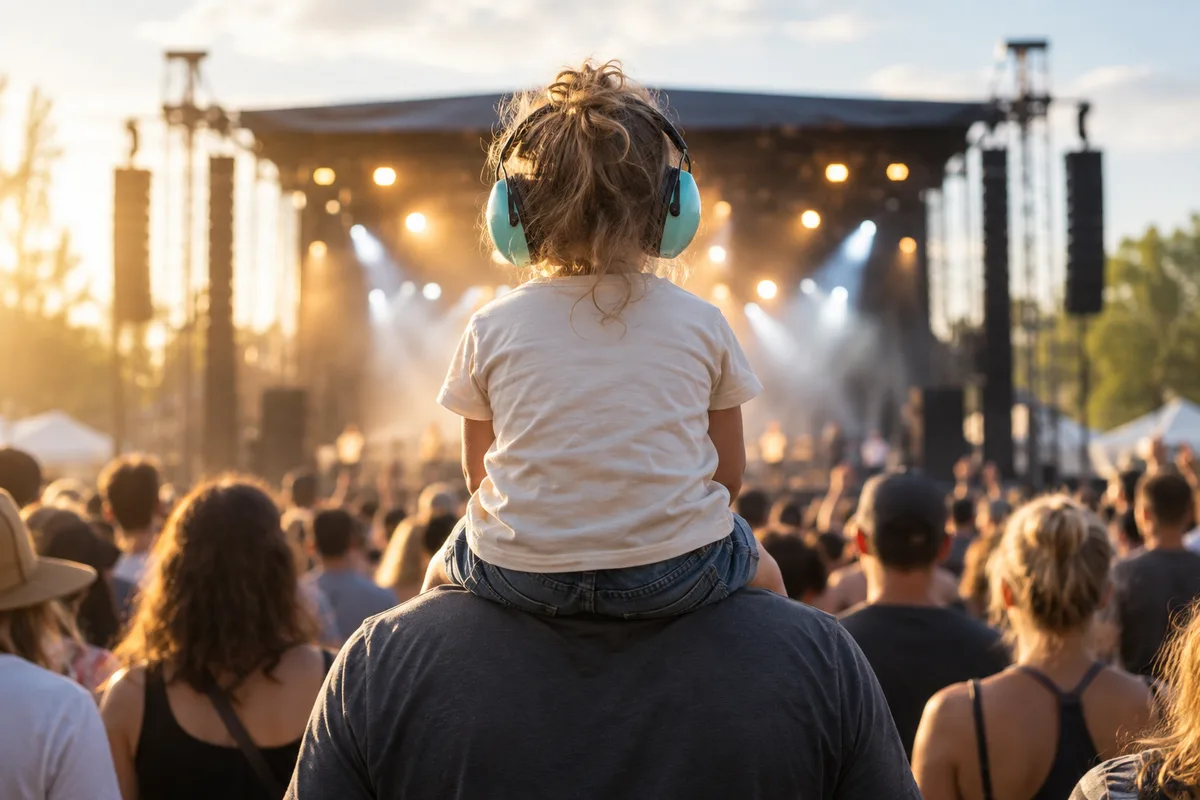 Enfant vu de dos portant un casque antibruit uni, assis sur les épaules d’un adulte face à une scène