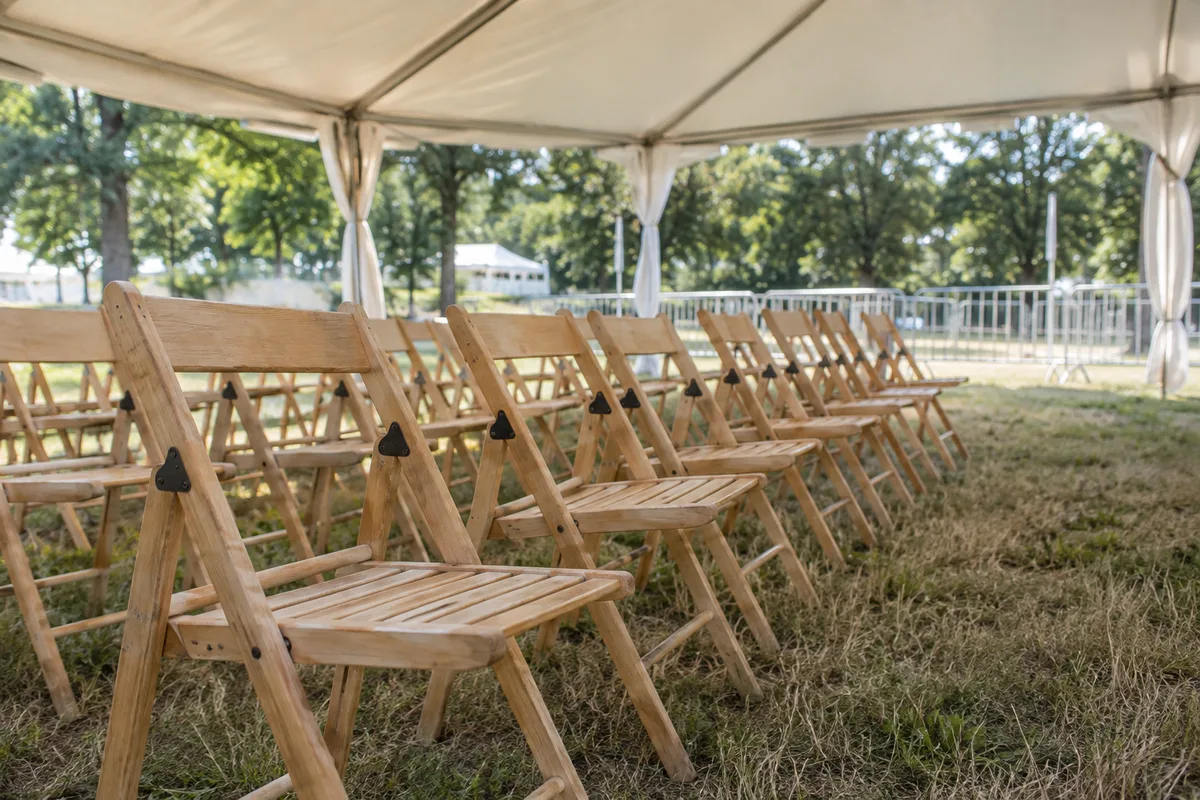 Chaises vides alignées sous une tente blanche dans une zone de repos d’un site de festival