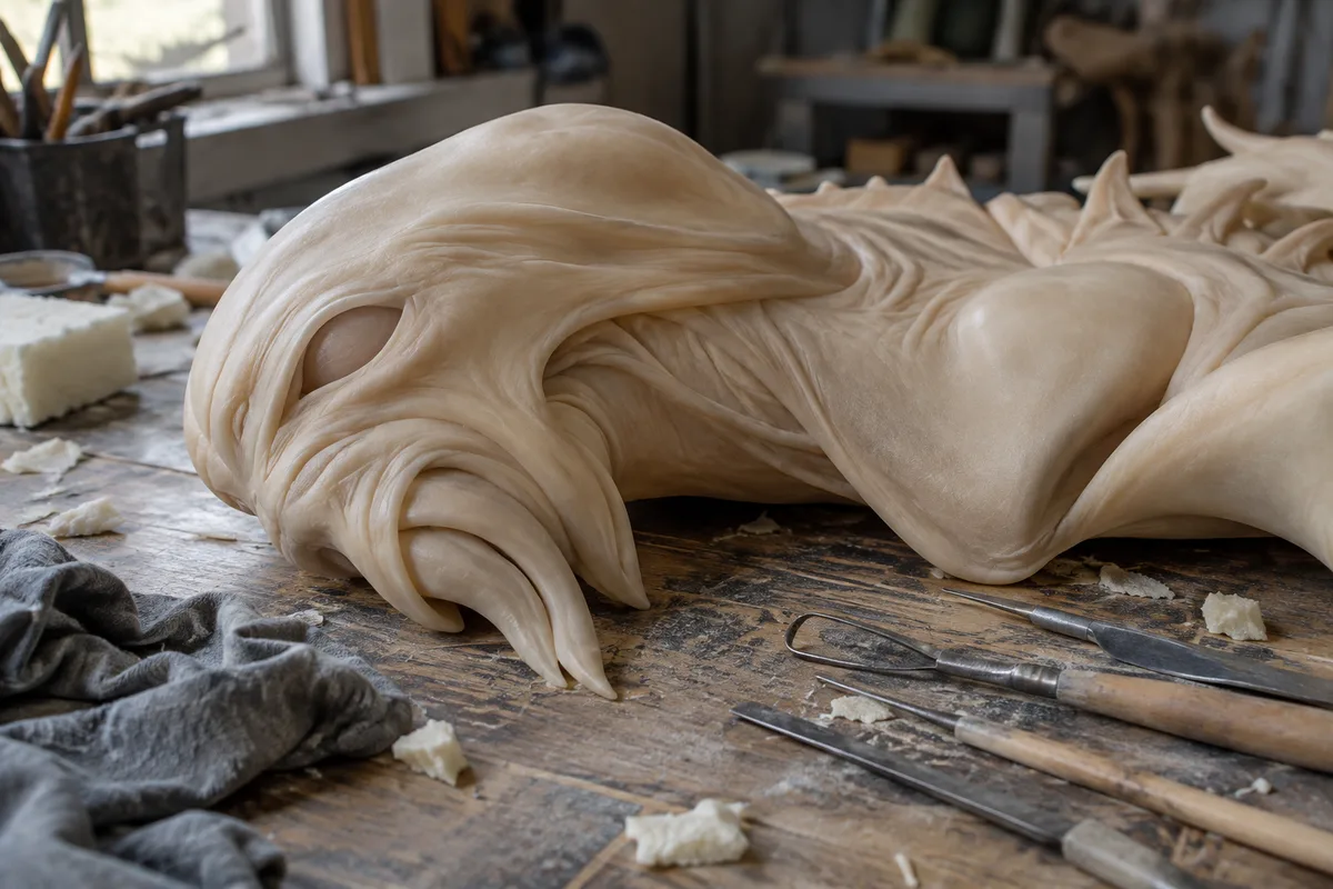 Créature en latex beige uni posée sur un établi en bois dans un atelier d’effets spéciaux, outils de sculpture autour