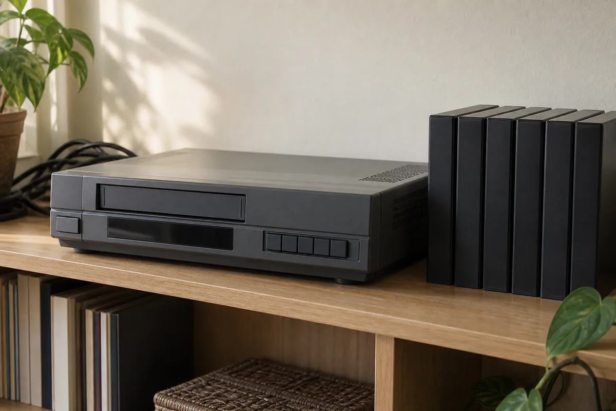 Magnétoscope posé sur une étagère en bois à côté de cassettes vidéo aux boîtiers unis rangés debout
