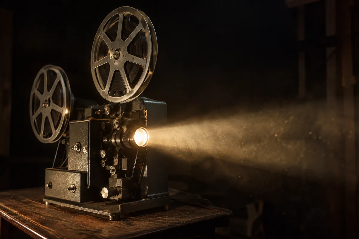Projecteur 16 mm posé sur une table dans une pièce sombre, faisceau lumineux traversant l’air poussiéreux