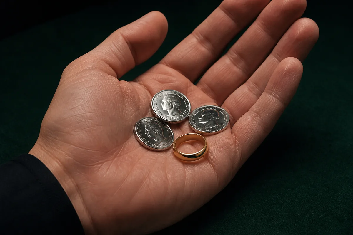 Pièces de monnaie et alliance posées au creux d’une paume ouverte au-dessus d’un tapis de jeu
