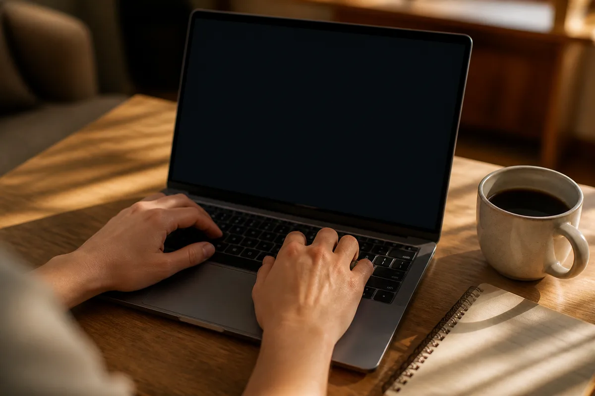 Mains posées sur un clavier d&rsquo;ordinateur portable, tasse à côté