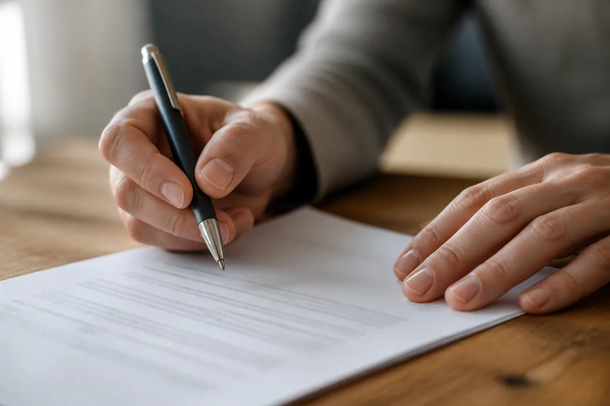 Deux mains signant un document papier sur une table en bois