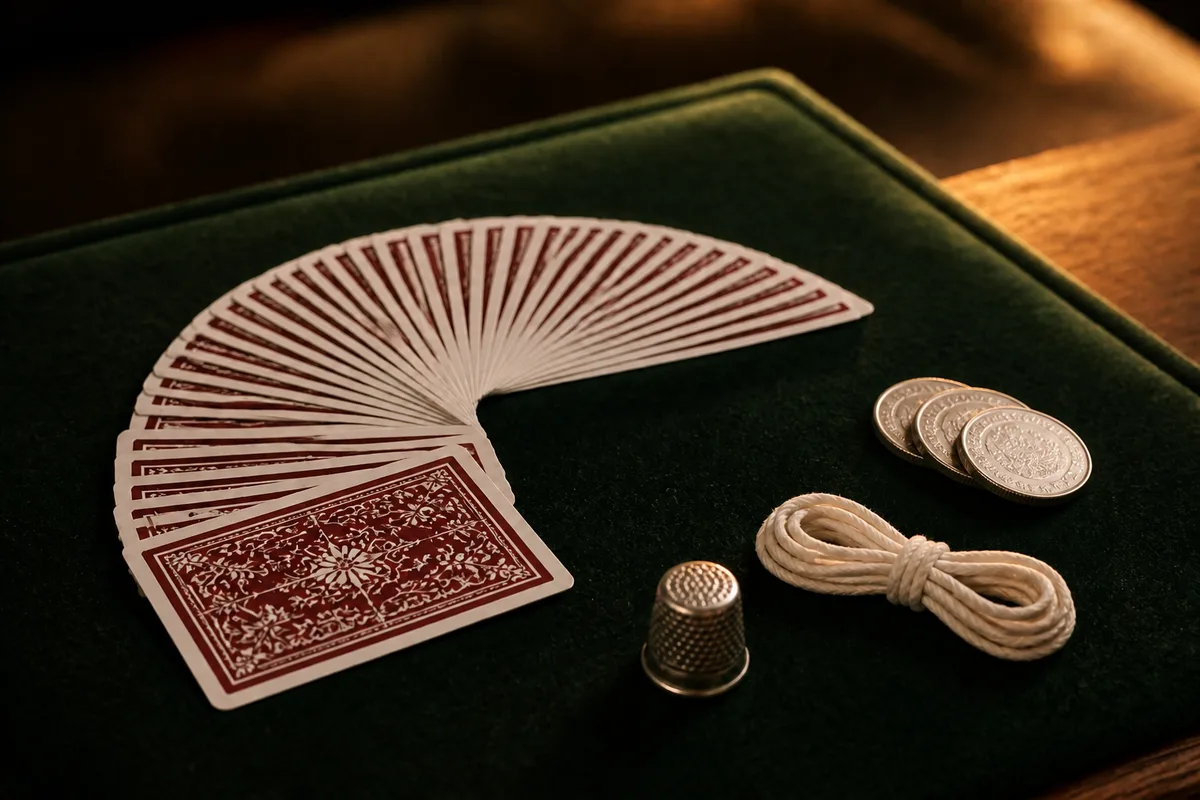 Table de close-up avec cartes en éventail et pièces de monnaie