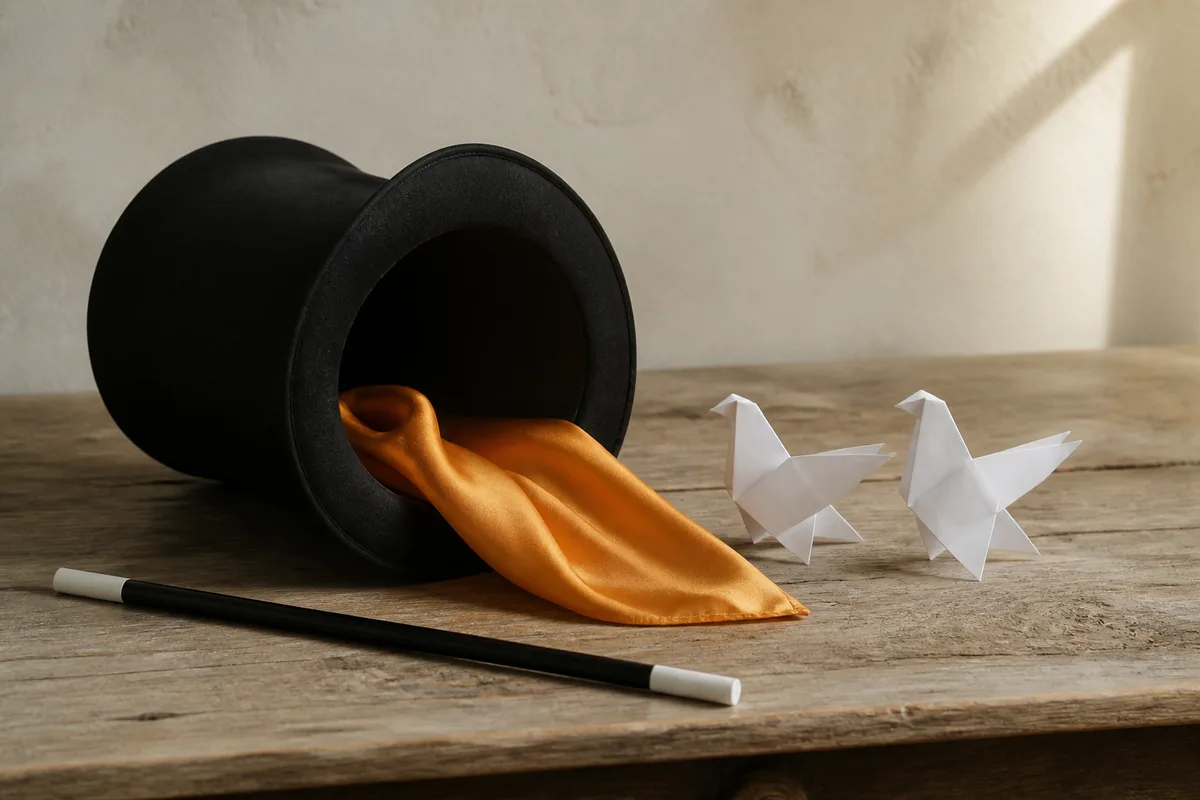Chapeau haut de forme et baguette posés sur une table en bois