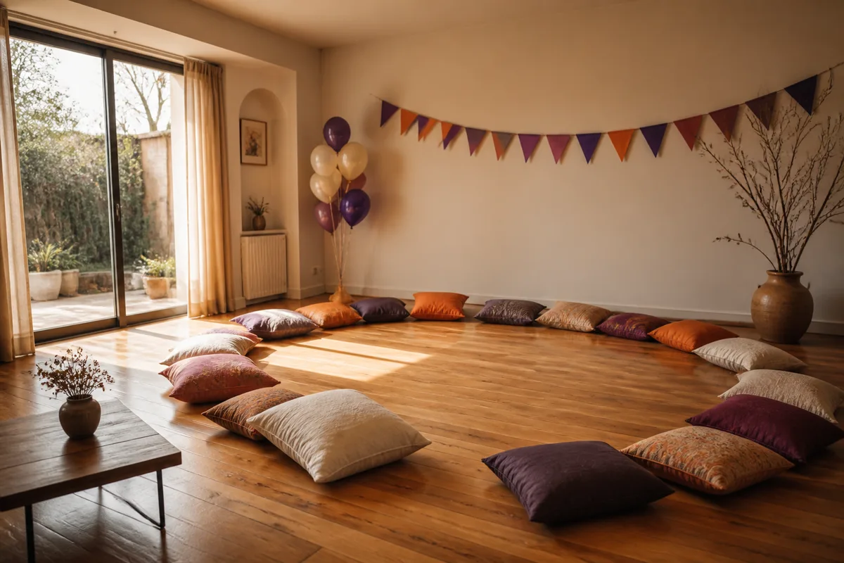 Salle décorée de guirlandes et de ballons avant une fête