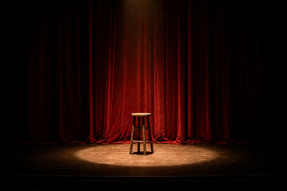 Rideau de velours rouge et tabouret vide sous un faisceau de poursuite dans une petite salle de spectacle