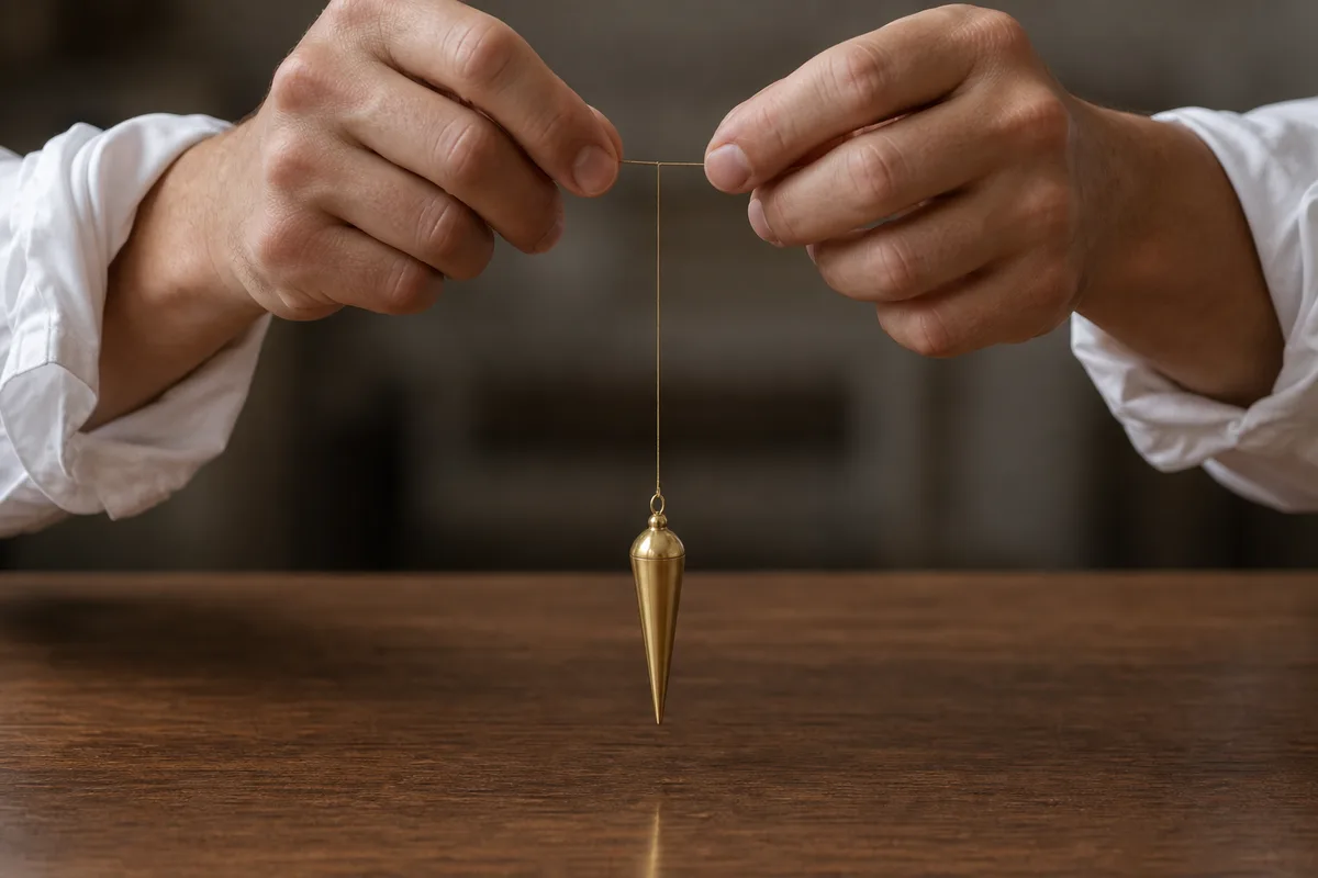 Mains d un artiste en chemise blanche tenant un pendule de laiton immobile au-dessus d une table en bois sombre